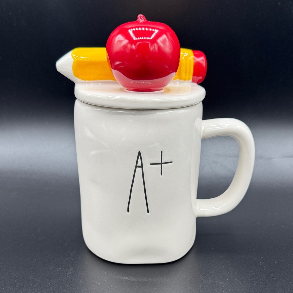 A+ White RAE DUNN Mug with Apple and Pencil Lid